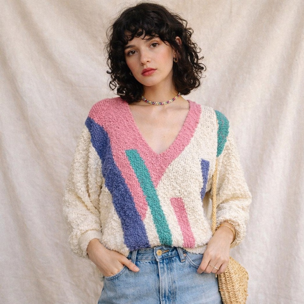 Vintage 90s Dolcezza Multicolor Pastel Abstract Popcorn V Neck Sweater Large